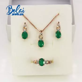Bolaijewelry Стерлинговое серебро 925 пробы, натуральный зеленый агат, овальные 6*8 мм, серьги-кольца, комплект ювелирных украшений с подвеской, простой повседневный дизайн, женские изысканные украшения 6# зелёный