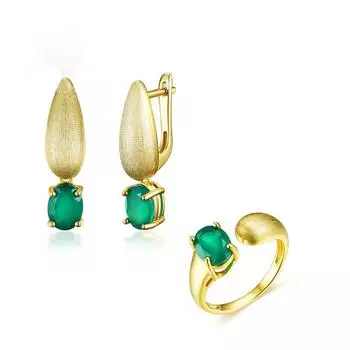 Bolaijewelry Trend натуральный зеленый агат овальные 6*8 мм серьги-кольца комплект ювелирных изделий в винтажном стиле из стерлингового серебра 925 пробы женские изысканные украшения Resizable зелёный