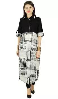 Болливуд Дизайнер Женщины Этническая Курта Платье Туника Топ Хлопок 3 4 Рукава 10 чёрный