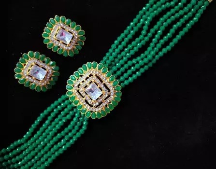 Болливуд индийский позолоченный свадебный кундан шипованные модные украшения ожерелье серьги набор Adjustable зелёный