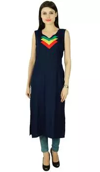 Болливудское женское этническое Курти Твердое вискозное платье без рукавов Туника Курта Топ 14 темно-синий