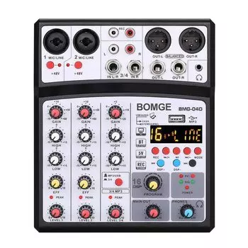 BOMGE 4 канала 16DSP Echo DJ Audio Sound Mixer Интерфейс Микшерный пульт Караоке MP3USB Стерео 48 В Фантомное питание 5 В Bluetooth, Запись, Питание, (черный)