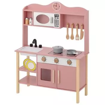 Bon Furniture Pretend Play with Educational Mini Indoor Pink Kitchen, Wooden, Wide, Cookware, Microwave, Sink, Toy, Toy, Kitchen, Play, Gift,