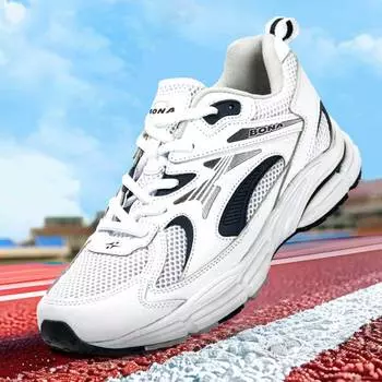 BONA Новые дизайнерские популярные кожаные мужские кроссовки Уличная повседневная обувь Модная мужская обувь для отдыха Мягкая обувь для ходьбы 41 белый