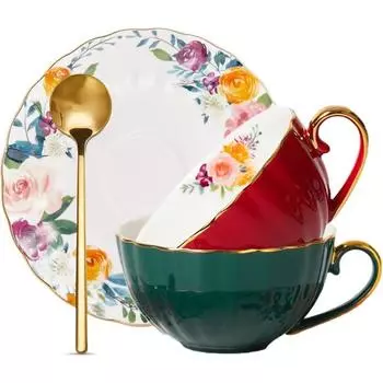 Набор из 2 чашек и блюдец из костяного фарфора, цветочная английская чашка с ложкой, кофейные чашки для капучино, эспрессо, латте, кружка для рождественского подарка зелёный/красный