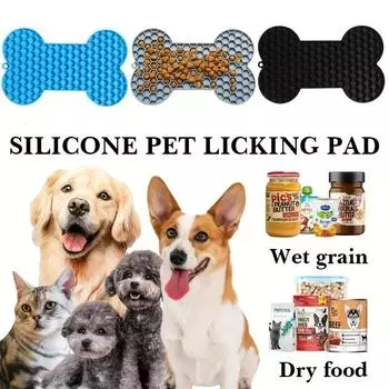 Bone Shape Silicone Licking Pad Pet Dog Peanut Butter Slow Food Bowl Eating for Cats Dogs Feeder Feeding Lick Mat синий