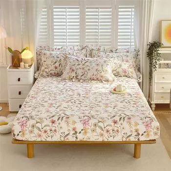 Bonenjoy 1 Pc 100%Cotton Fitted Sheet Floral Flower Printed Bed Cover With Elastaic Queen/King Size Bed Fitted Sheet 180X200Cm 90x200x25cm Single