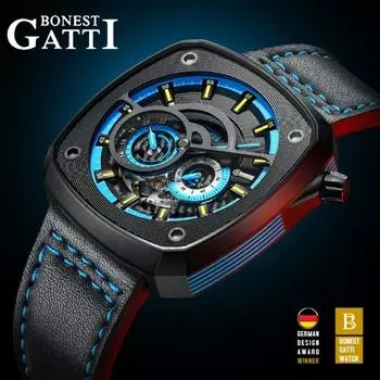Bonest Gatti Подлинные квадратные полностью автоматические механические часы Square Friday Watch Men