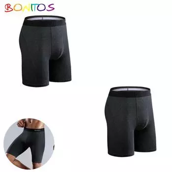 BONITOS, 2 шт., длинные мужские трусы, вентилируемые боксеры, нижнее белье для мужчин, однотонные трусы S темно-серого