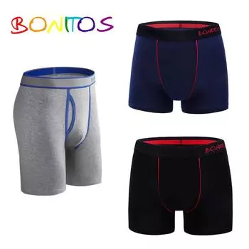BONITOS, 3 шт., длинные мужские трусы, однотонные мужские трусы, хлопковые боксеры, удобное нижнее белье для мужчин
