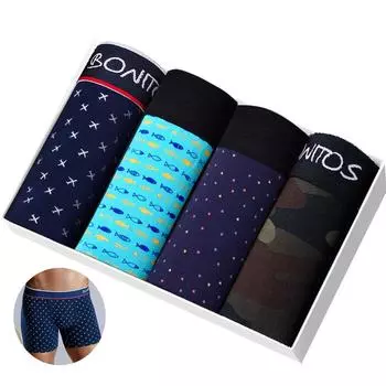 BONITOS, 4 шт., мужские трусы с принтом, хлопковые мужские боксеры, сексуальное нижнее белье для мужчин, трусы большого размера L