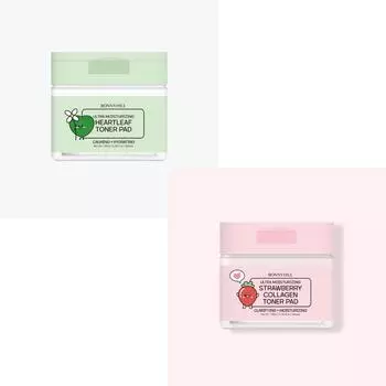 BONNYHILL STRAWBERRY COLLAGEN / HEARTLEAF FACIAL TONER PAD 180 мл / 60 шт, Увлажнение, Корейская косметика, Kbeauty, образец STRAWBERRY COLLAGEN