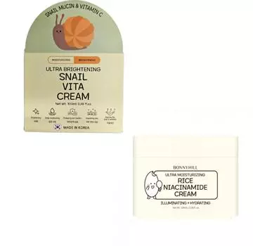 Bonnyhill Ultra Brightening Snail Vita Cream + Bonnyhill Rice Niacinamide Cream Set, Moisturizing, Korean Cosmetics, Kbeauty, sample Set