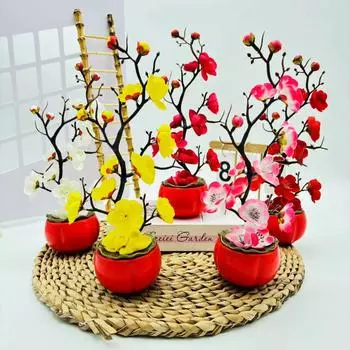 Бонсай из хурмы Wintersweet: Искусственные цветы в китайском стиле для домашнего декора ярко-красный