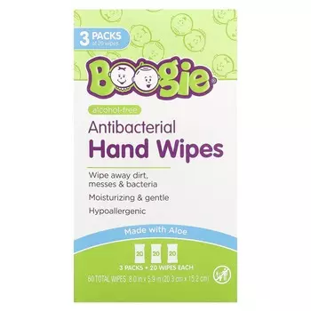 Boogie Wipes, антибактериальные салфетки для рук, без спирта, 3 упаковки, 20 салфеток в каждой
