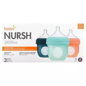 Boon, Nursh, силиконовый чехол для детской бутылочки, 0 мес.+, медленная скорость, 3 бутылочки, 118 мл (4 унции) каждый