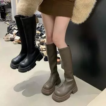 Boots for Woman Non-slip Outdoors New 2024 High Quality Fashion New Winter Solid Color Female Knee Length Boots Botines Mujer 35 чёрный