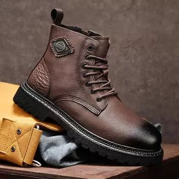 Boots Men s 2024 Winter New Fleece Thickened Medium Help Martin Boots Men s Leather Soft Sole Casual Versatile Tooling Boots 38