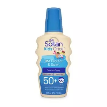 Boots Солнцезащитный спрей Soltan Kids Once 3Hr Protect & Swim с очень высоким уровнем защиты от ультрафиолета SPF50+, 200 мл. 200 ml.