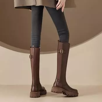 Boots Thick-soled Knight Boots Women s Thick Legs Large Size Women s Fat mm High Boots Brown Elastic Boots Boots Big Tube Circle 35 чёрный