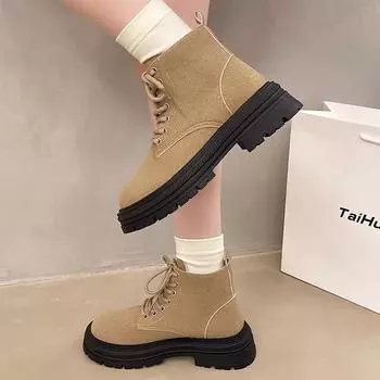 Boots Women 2024 Autumn New Leather Suede Chunky Women Short Boots British Style Women Motorcycle Boots Size36-42 35 бежевый