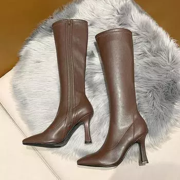 Boots women 2025 new pointed thin heels sexy autumn and winter new knight boots women thin white but knee boots 34