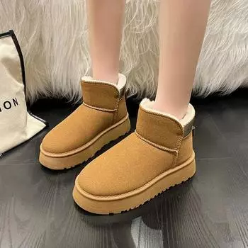 Boots Women New 2024 Winter Footwear Round Toe Shoes Australia Flat Heel Ankle Rubber Snow Ladies Med Rome Solid Short Plush 35 чёрный