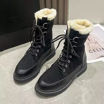 Ботинки женские 2024 осень и зима новые бархатные теплые зимние ботинки женские студенческие на шнуровке большие размеры круглая головка короткие хлопковые туфли прилив 35 чёрный