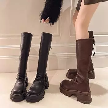 Сапоги женские зимние 2024 года, новые, на толстой подошве, с толстым каблуком, узкие, универсальные, рыцарские сапоги, высокие сапоги, маленькие сапоги 35 коричневый
