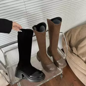 Сапоги женские осенние на толстом каблуке длинные узкие сапоги с V-образным вырезом высокие рыцарские сапоги 35 хаки