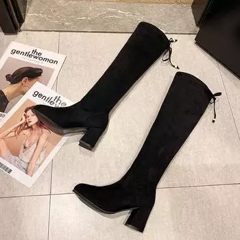 Boots Women s but Knee 2025 Autumn and Winter New Elastic Skinny Boots Thick Heel High Heel Small Boots Large Size 35 чёрный