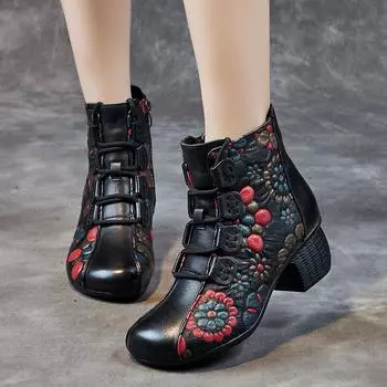 Ботинки женские новые зимние утепленные короткие ботинки среднего возраста с защитой от солнца из коровьей кожи на толстом каблуке с мягкой подошвой 35 чёрный