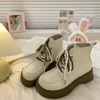 Boots women s short barrel 2024 autumn and winter new ins trendy British style round head short boots Martin boots short leather boots women 35 чёрный