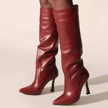 Бордовые красные кожаные женские сапоги