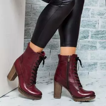 Бордовые красные женские кожаные сапоги на каблуке из натуральной кожи