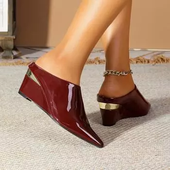 Бордовые шлепанцы на танкетке, с острым носком, большого размера, из лакированной кожи, нейтральные, простые, на высоком каблуке, крутые шлепанцы, женская обувь 37 бордовый
