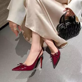 Бордовые туфли на высоком каблуке женские весенние и осенние туфли с острым бантом красивые пустые туфли сексуальные босоножки с тонким каблуком и сумкой на голове 34 чёрный