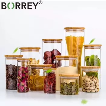 BORREY Кухонная бутылка для хранения, стеклянные банки, чай, кофе в зернах, герметичные банки, герметичная канистра, бутылка для конфет Mason, бамбуковая крышка