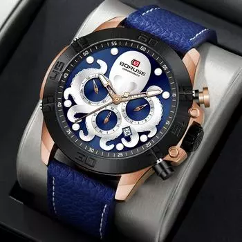 BORUSE Часы в стиле панк, повседневные мужские часы, часы Octopus, кварцевые мужские часы с большим циферблатом, мужские часы с кожаным ремешком для мужчин синий