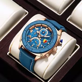 BORUSE Классические деловые мужские часы Кварцевые мужские часы Часы с большим циферблатом Военные мужские часы Светящиеся в темноте Часы с календарем Кожаный ремешок синий