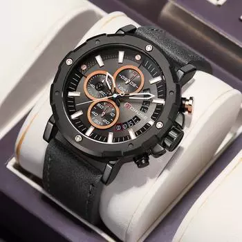 BORUSE Мужские деловые часы Pointer Quartz Мужские часы Luxury Round Мужские часы Кожаный ремешок для мужчин Аналоговые мужские часы с календарем чёрный