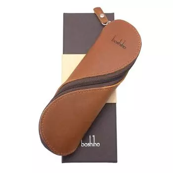 Boshiho Genuine Leather Pencil Case with Zipper and Glasses Case for Men and Women S-shaped Adults,