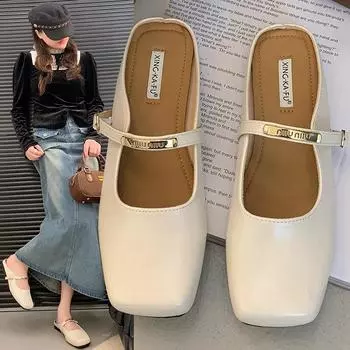 Босоножки Baotou half-drag для женщин, летняя одежда, весна 2025, новые тапочки с одной педалью, мягкой подошвой, квадратным носком, на плоской подошве с каблуком 35 бежевый