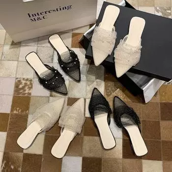 Босоножки Baotou half shlunks женские, новинка 2025 года, лето, интернет-знаменитости, без каблука, нежные, сетчатые, полутапочки, с острым носком, с плоской подошвой 35 бежевый