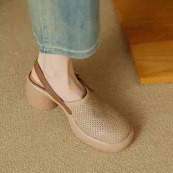 Босоножки Baotou muffin с толстой подошвой, женские, лето 2024 года, толстый каблук, круглая головка, однословная пряжка, ремень, пустые римские женские туфли 35