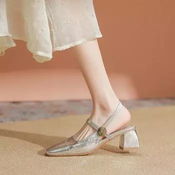 Босоножки Baotou на толстом каблуке женские туфли на низком каблуке одинарные туфли пустые серебристые высокие каблуки 34 чёрный