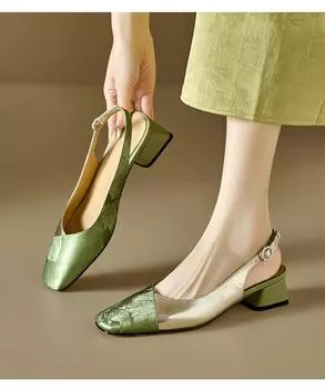 Босоножки Baotou Slingback в стиле ретро для женщин, летние, новые, квадратные, цветные, кожаные, с пряжкой, на среднем толстом каблуке 34 абрикосовый