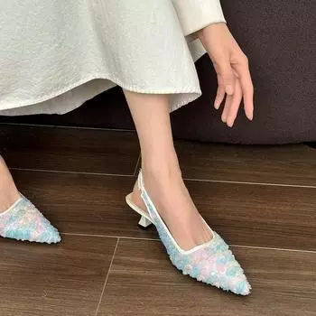 Босоножки Baotou женские летние 2025 года, новые модные тонкие каблуки, средний каблук, ремешок сзади, сандалии Mary Jane French в сеточку, женская обувь 34 чёрный