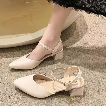 Босоножки Baotou женские на толстом каблуке 2025 года, новые простые слова с пряжкой, бежевые с юбкой, летние одинарные туфли женские 35