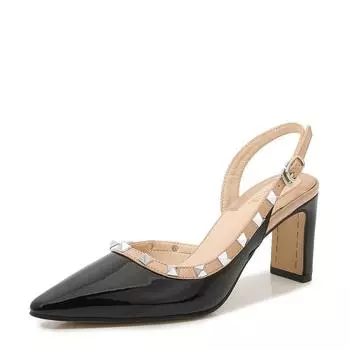Босоножки Баотоу женские носят милые туфли подружки невесты новые черные лакированные с открытыми боками с заклепками на толстом каблуке туфли неглубокий средний каблук прилив 35